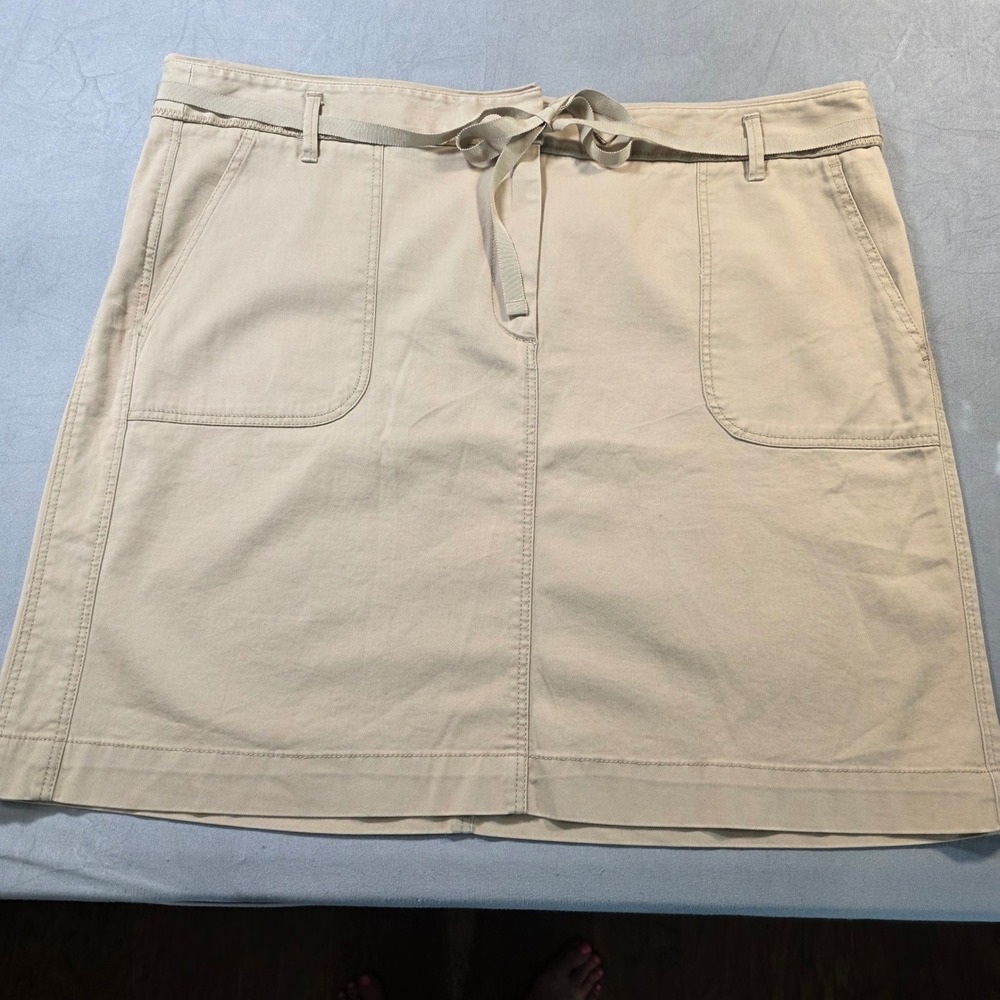 Ann Taylor Loft Khaki Utility Mini Skirt SZ 14 Tan Twill Ribbon Tie Belt Pockets